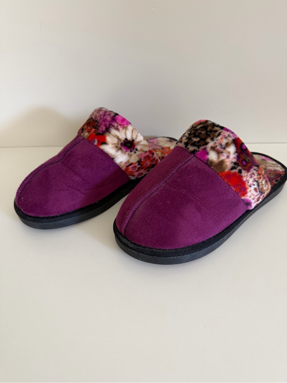 Vera Bradley Purple Plush Floral-Trim Slip-Ons